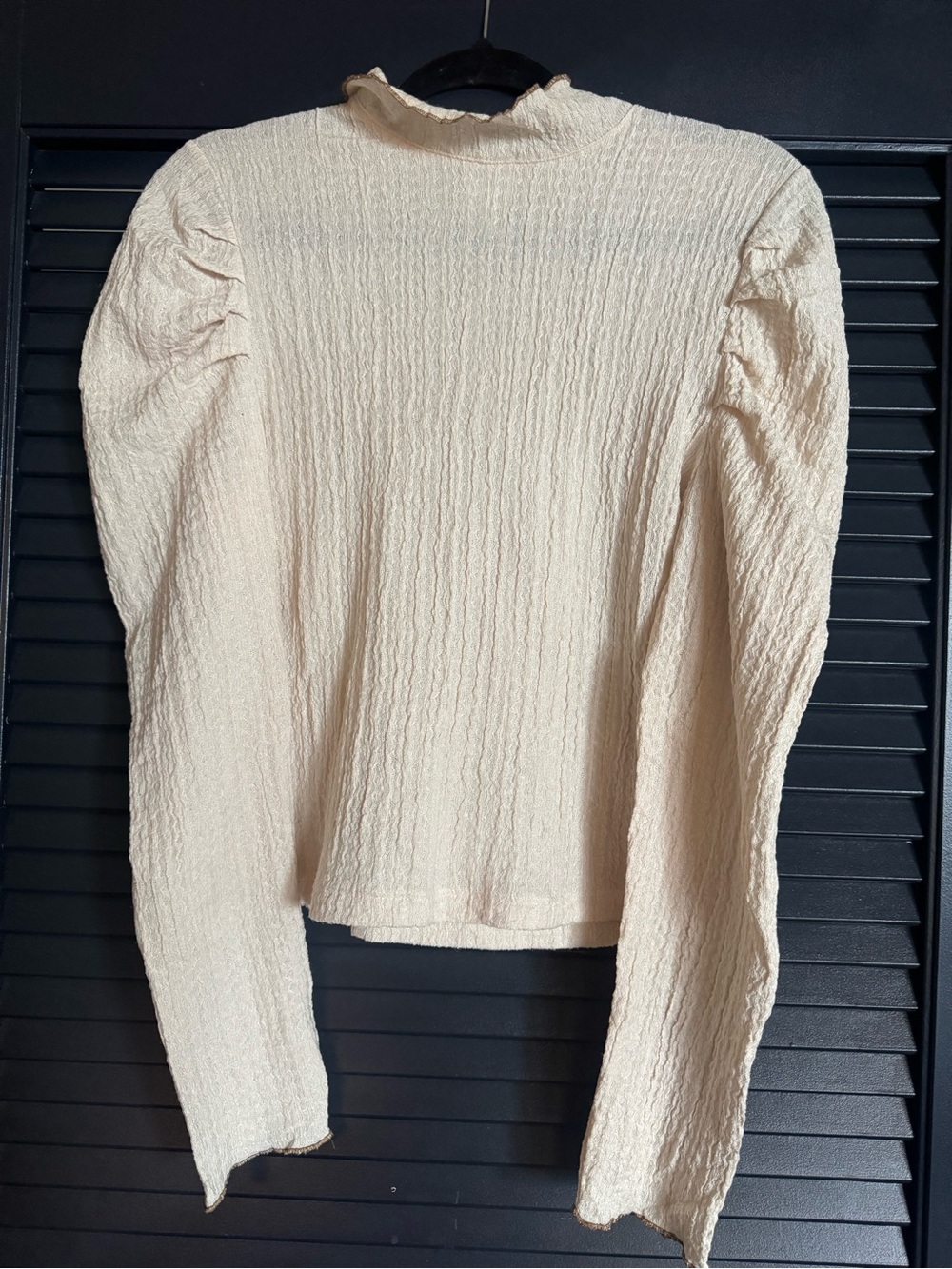 Free People Ella Cream Textured Puff Sleeve Mock Neck Top S